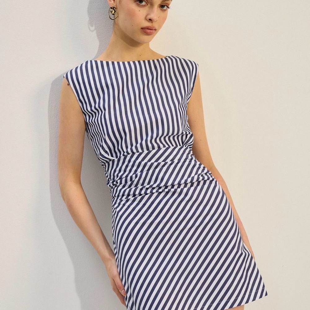 Commense Navy and White Striped Cap-Sleeve Mini Dress